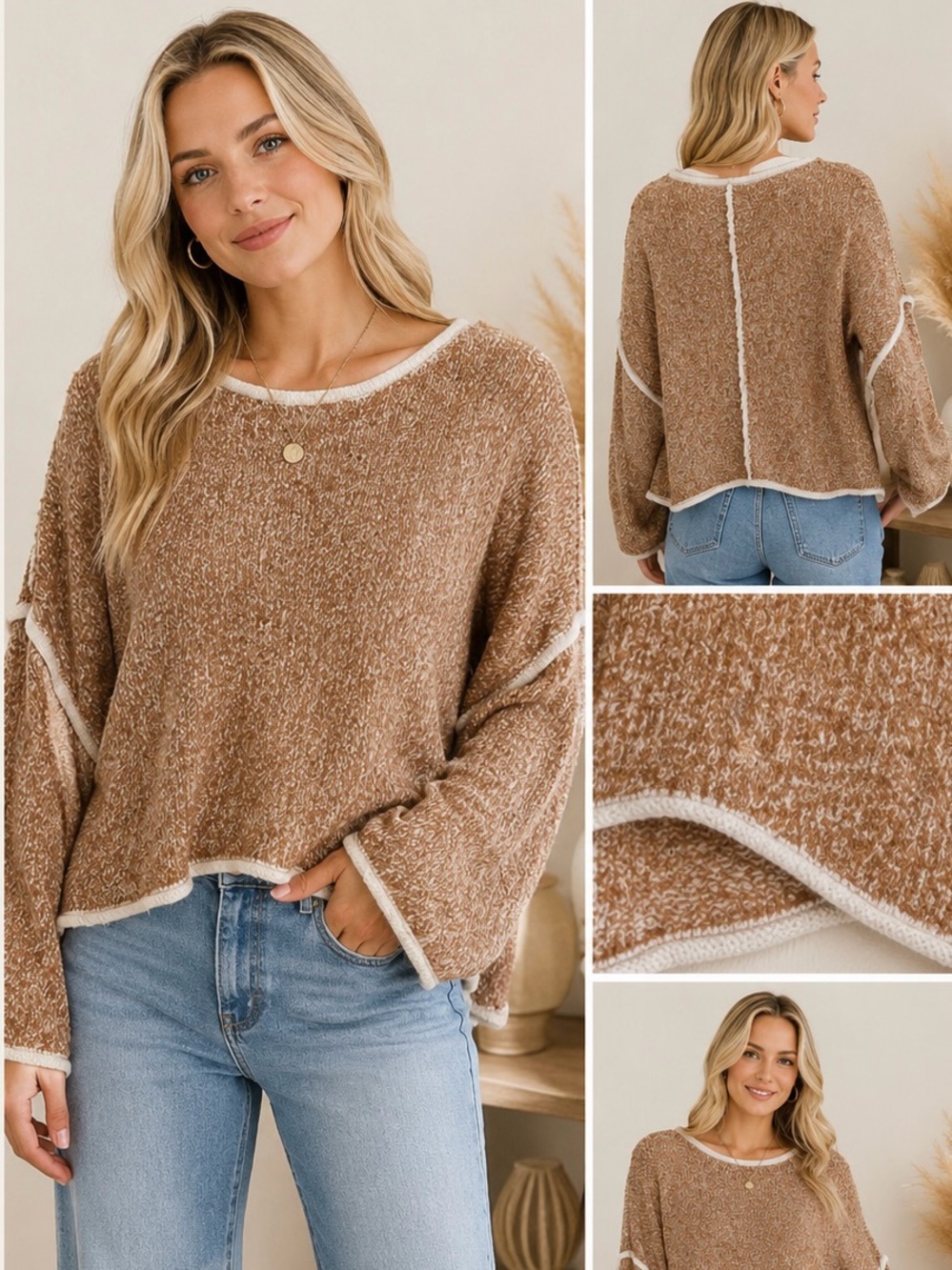 POL Oversized Brown & White Crew Neck Sweater S